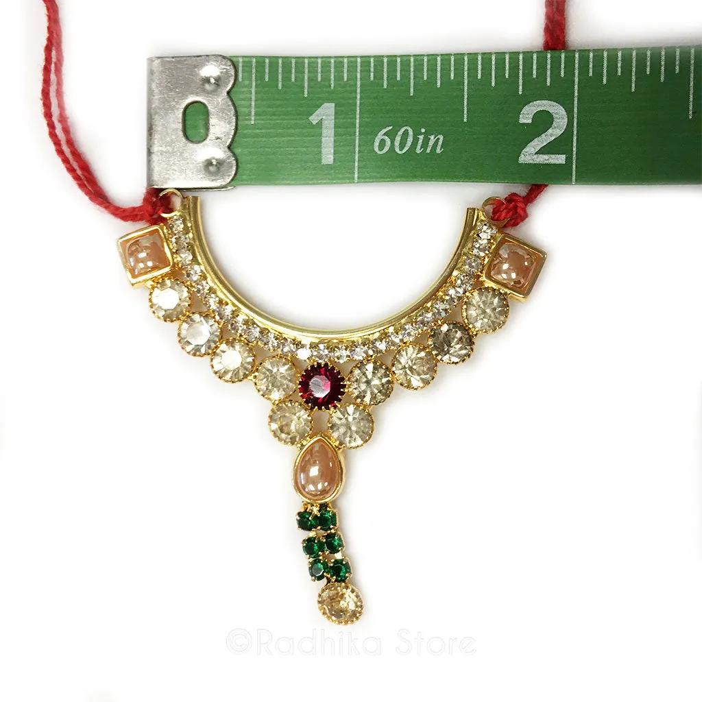 Golden Peal With Diamond Ruby and Emerald Rhinestone Pendant - Deity Necklace