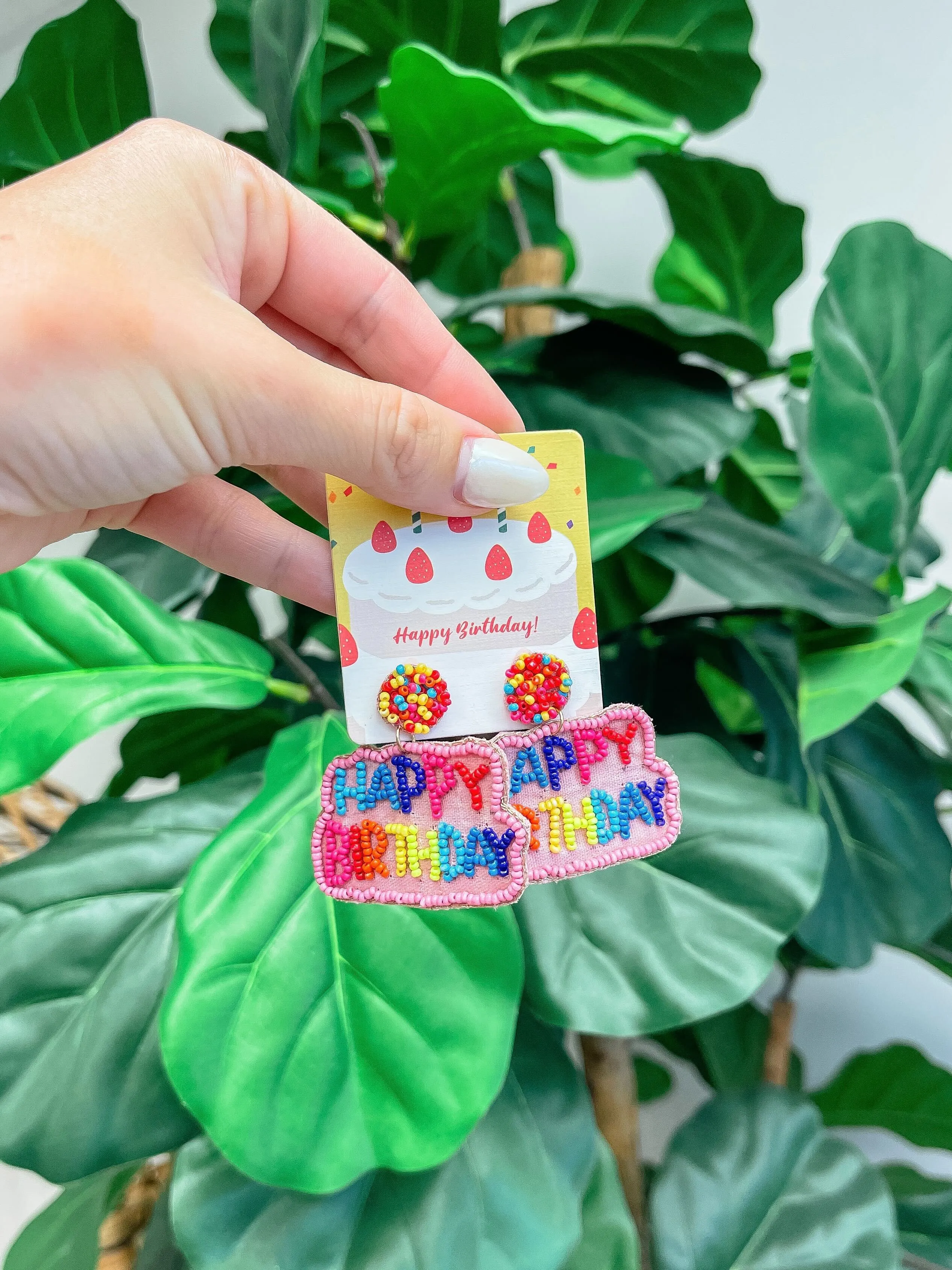 'Happy Birthday' Seed Bead Embroidered Dangle Earrings