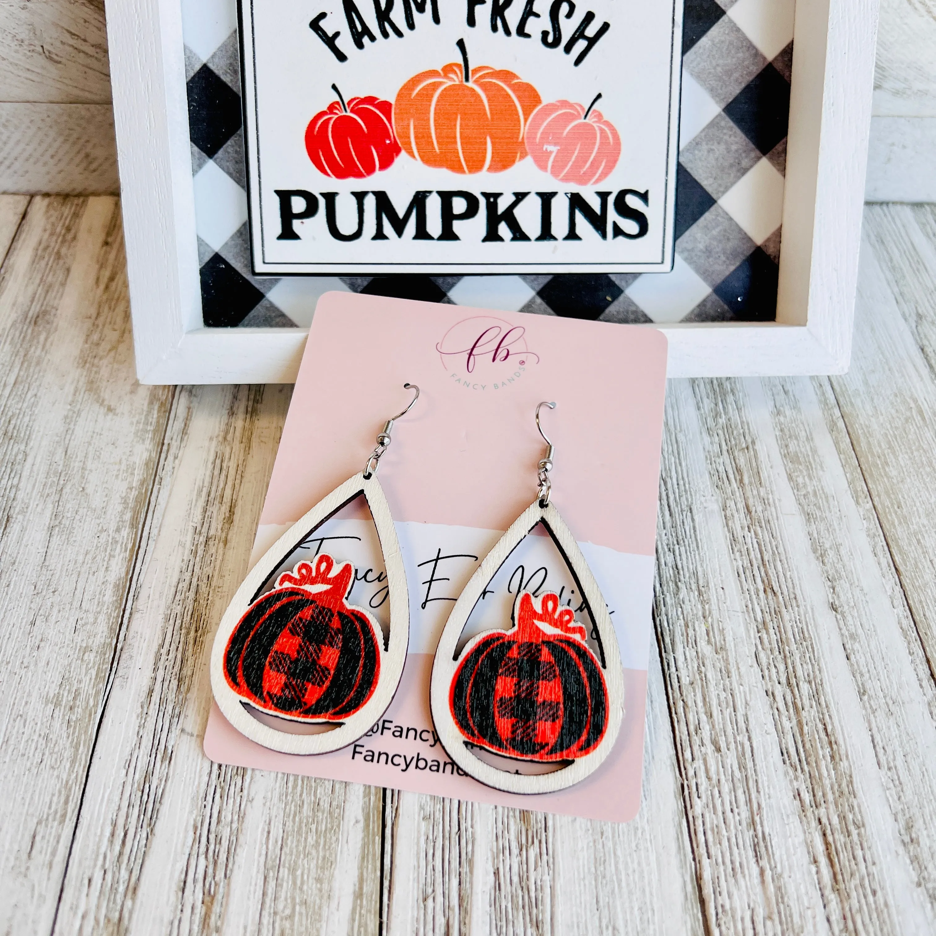 Harvest Chic Plaid Pumpkin Wooden Drop Ear Bling