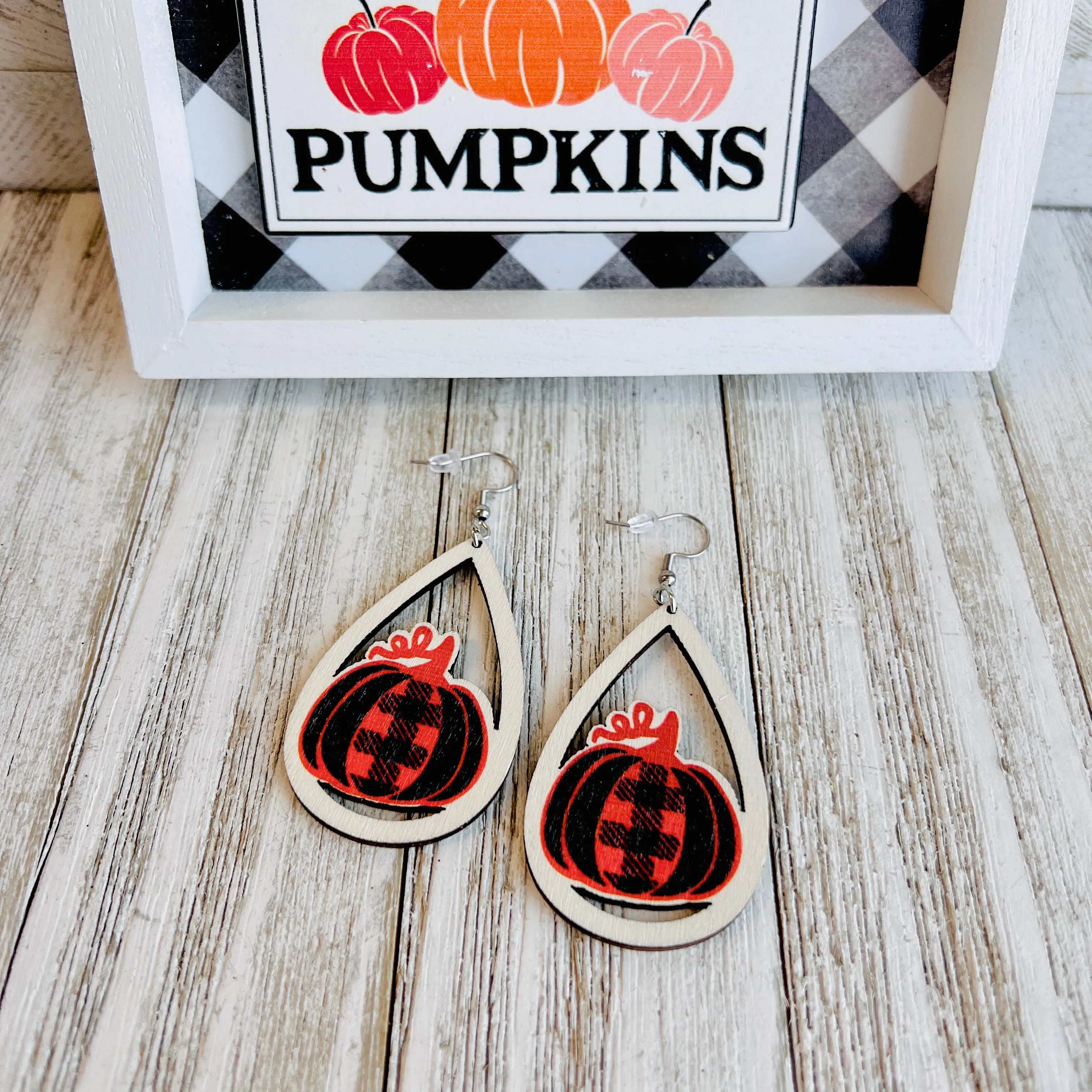 Harvest Chic Plaid Pumpkin Wooden Drop Ear Bling