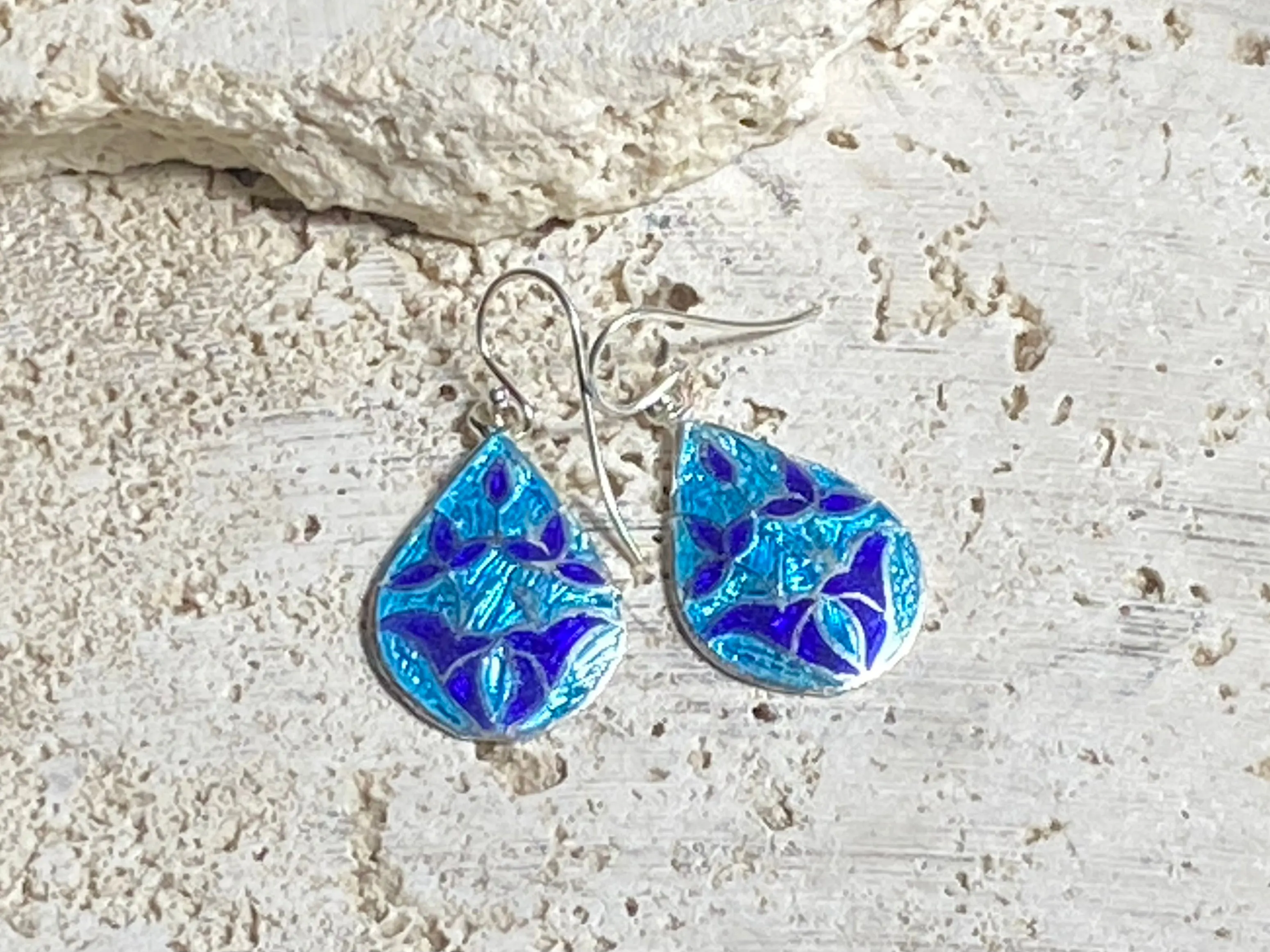 Large Blue Enamel Silver Teardrop Earrings