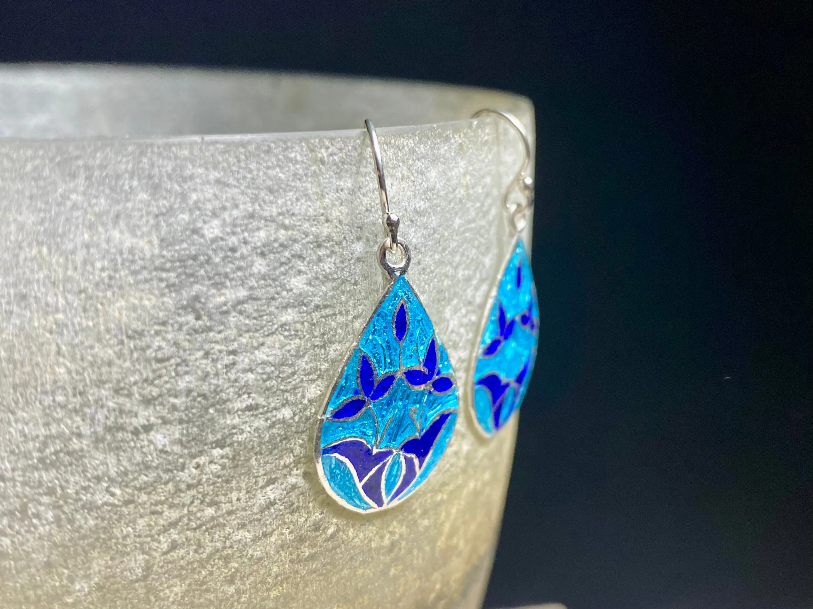 Large Blue Enamel Silver Teardrop Earrings