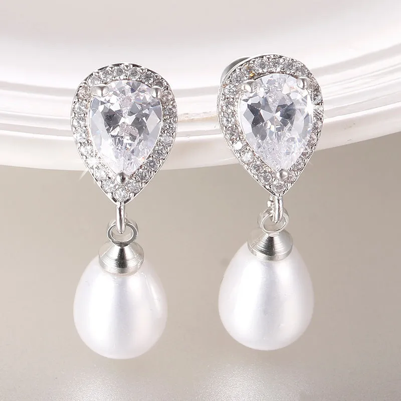 Luxury Elegant Water Drop Bridal Pearl AAA Cubic Zirconia Long Drop Earrings