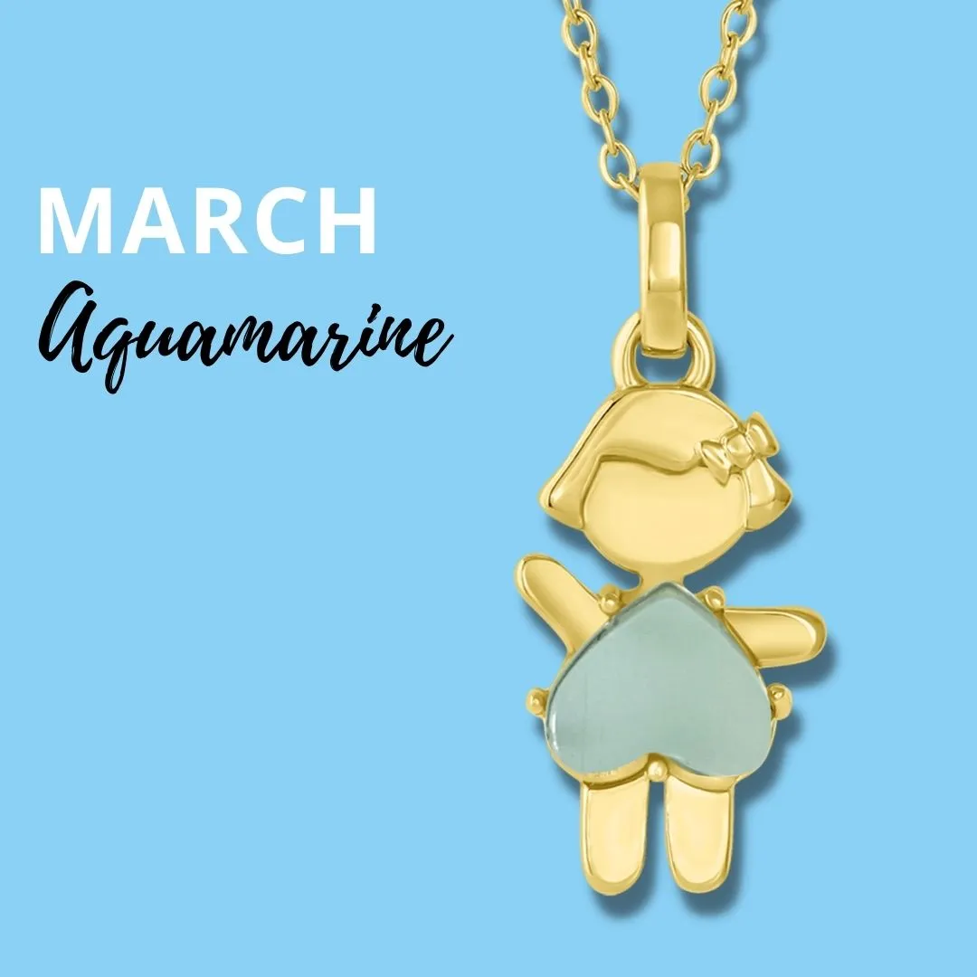 MARCH Birthstone Gold Girl Necklace in Aquamarine