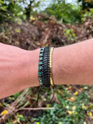 Men’s Natural Stone Beaded Bracelet, Set of 3 Bracelets with Gemstone Hematite Beaded Bracelets and Genuine Leather and Brass Bracelet