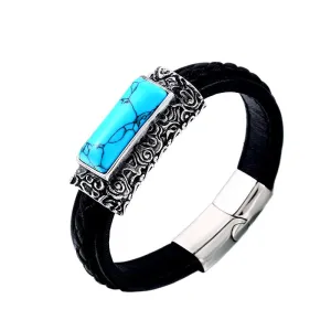 Men's Retro Titanium Steel and Turquoise Leather Bracelet - Customizable Statement Accessory