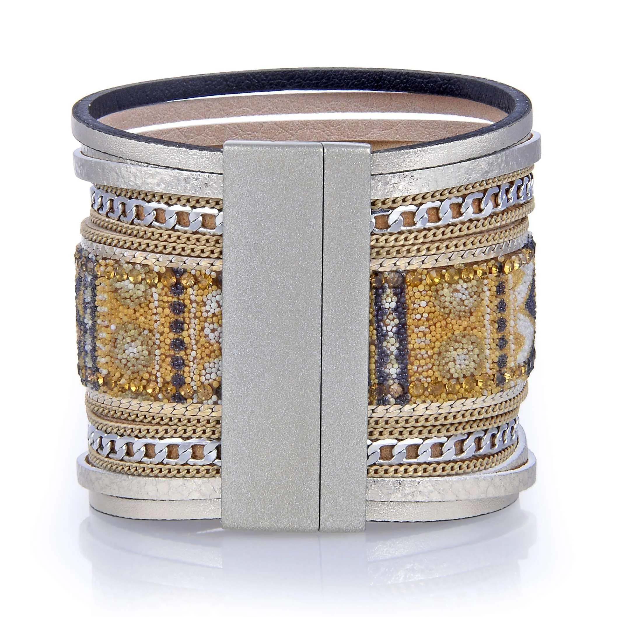 Multiple Layer Fine Bead Leather Strand Bracelet Gold With Magnetic Clasp