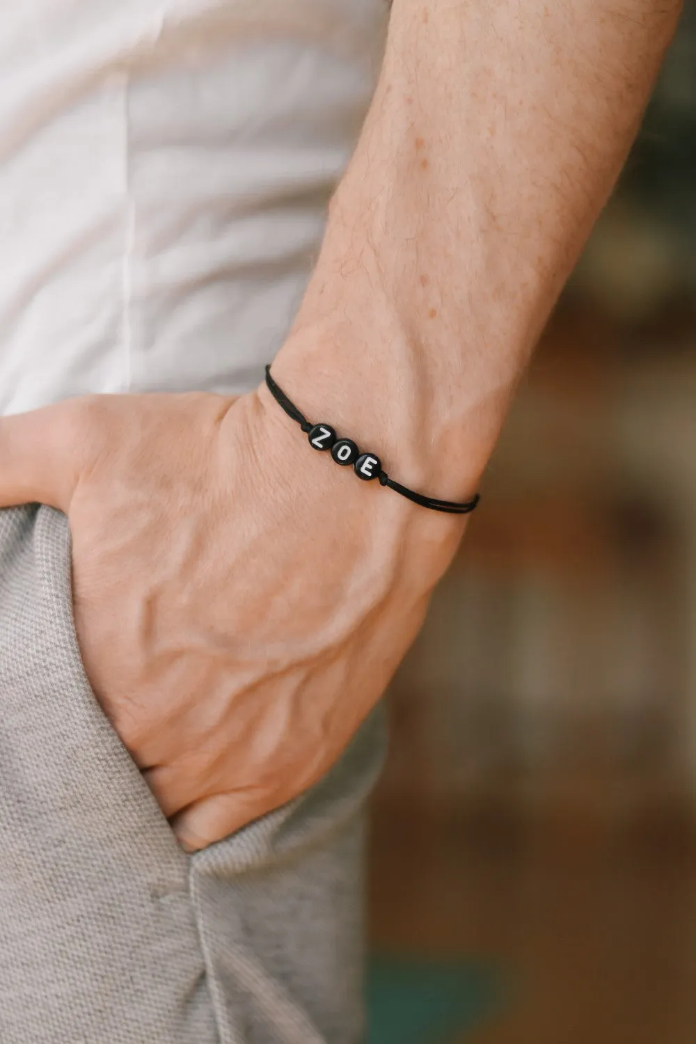 Name bracelet, customise men's bracelet, initial black letters round beads, personalised monogram bracelet for men, brother gift for him