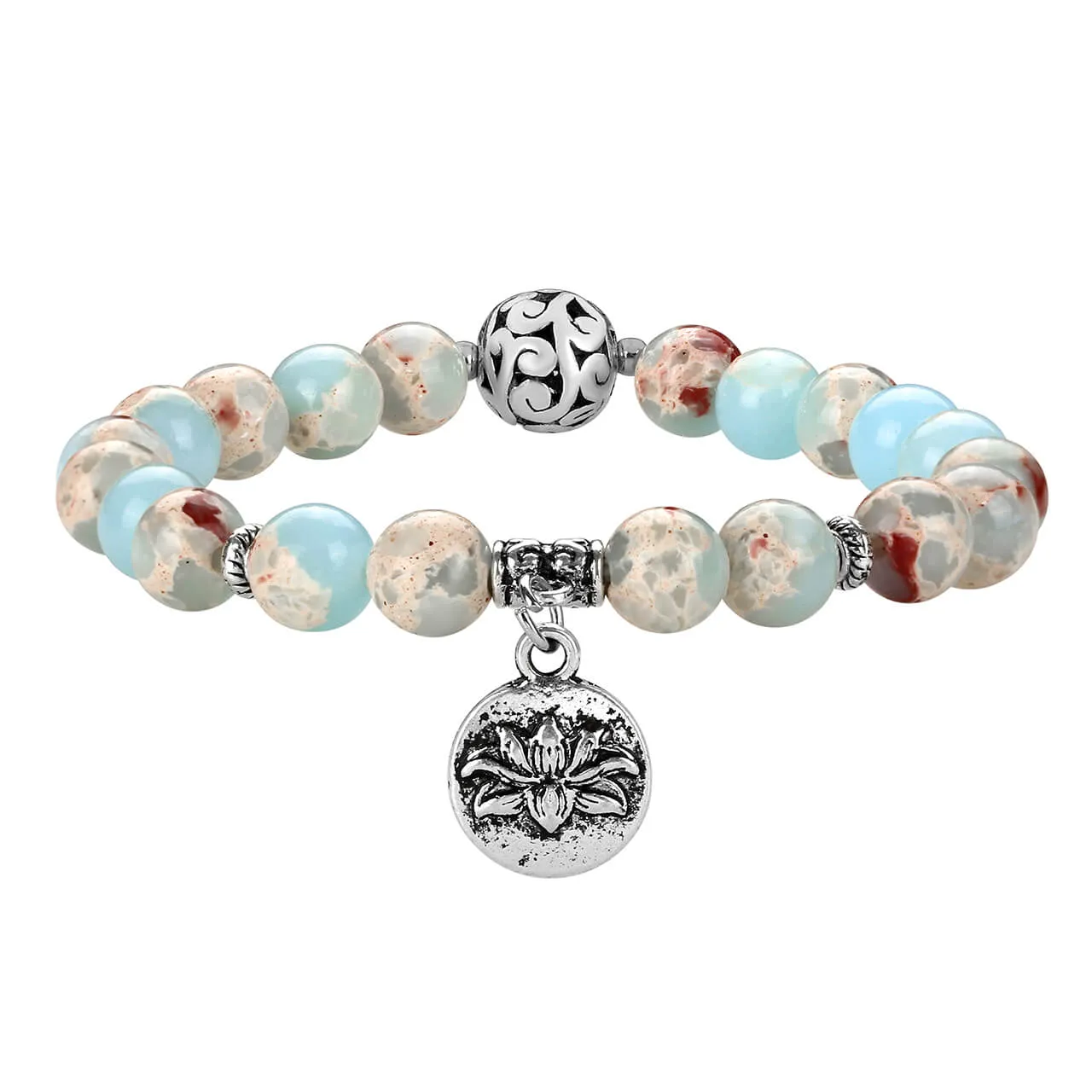 Natural Green Imperial Jasper Bracelet with Lotus Charm | Jovivi