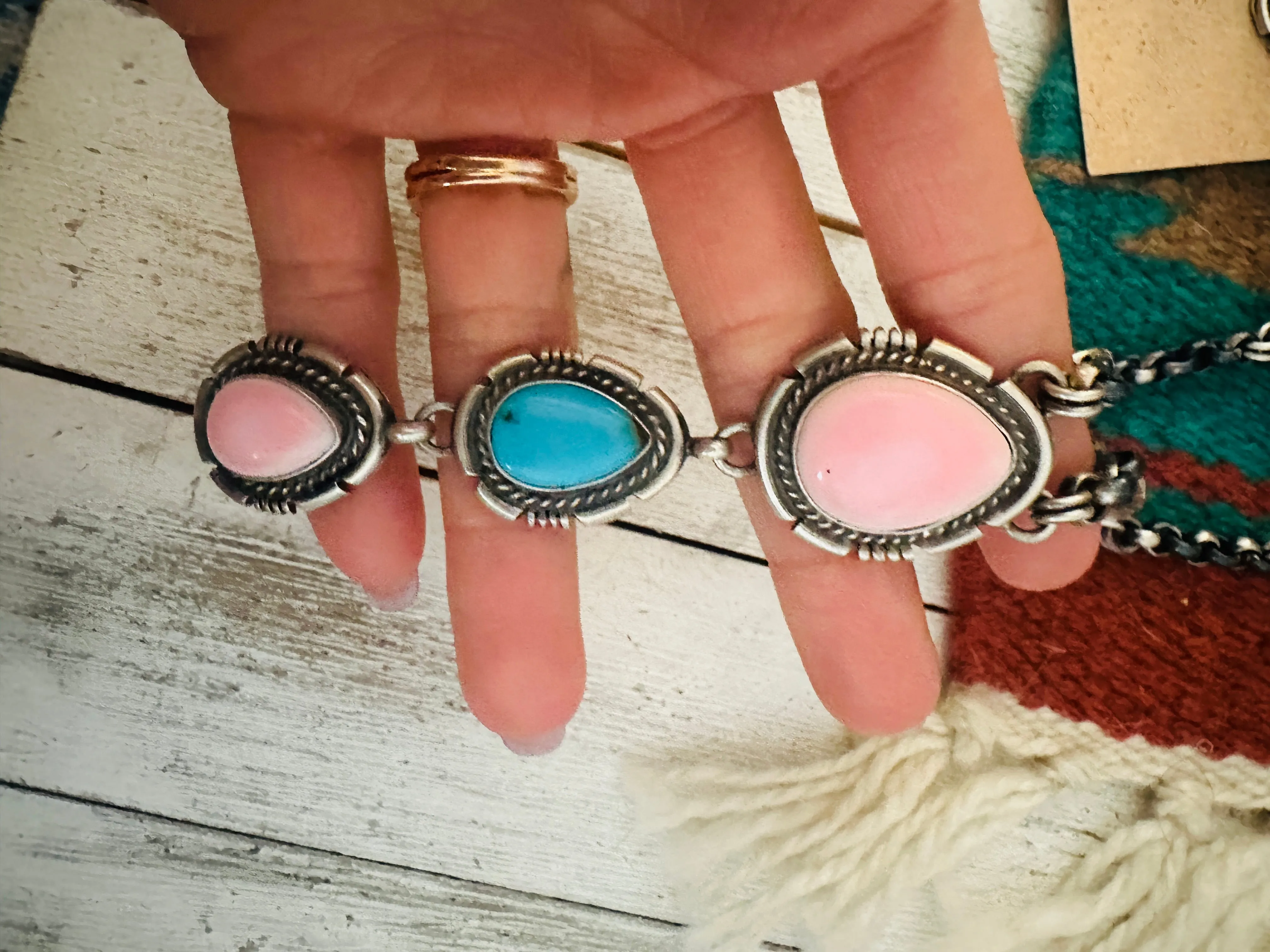 Navajo Turquoise, Pink Conch & Sterling Silver Necklace Set