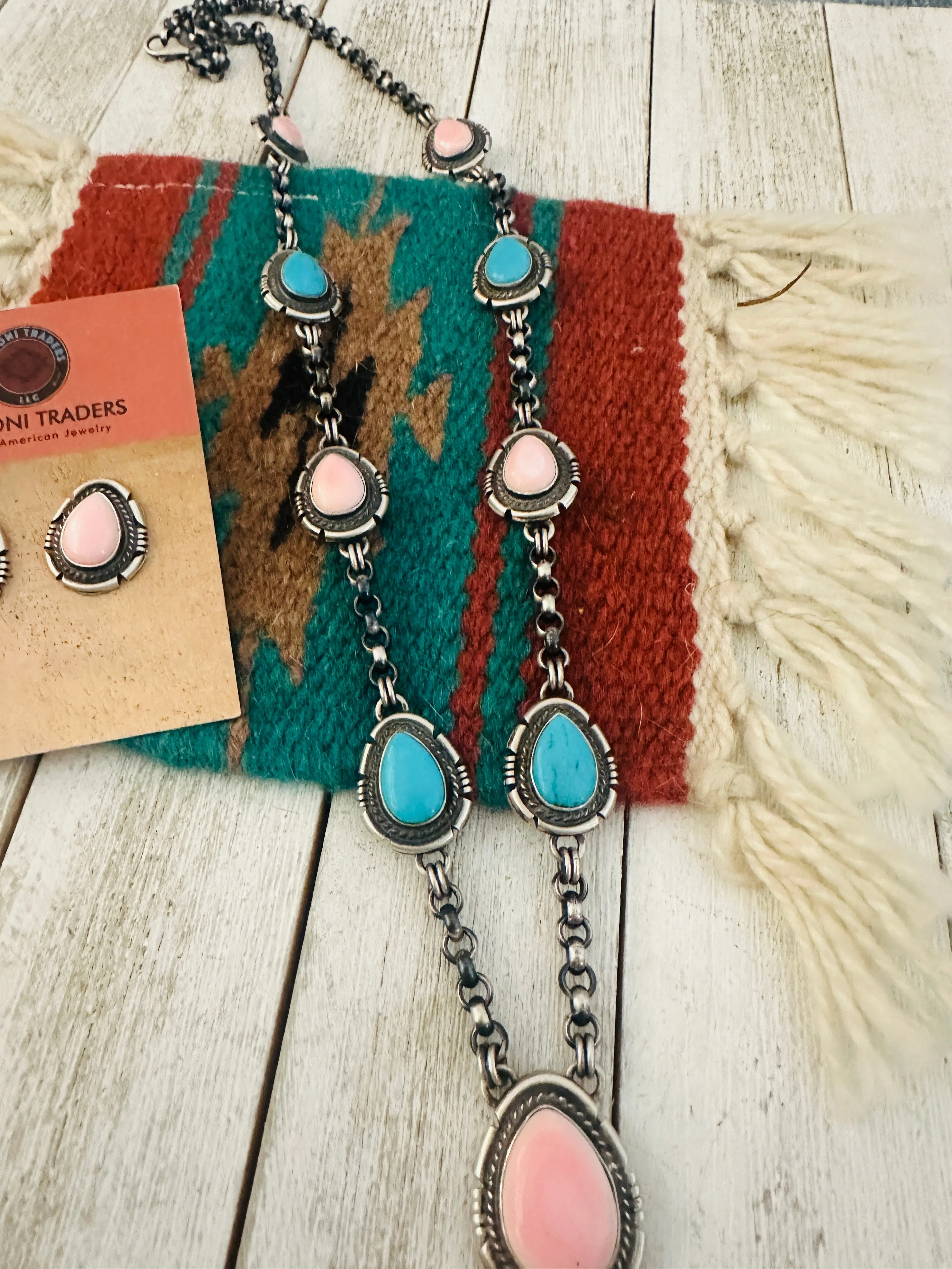 Navajo Turquoise, Pink Conch & Sterling Silver Necklace Set