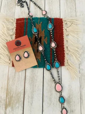 Navajo Turquoise, Pink Conch & Sterling Silver Necklace Set