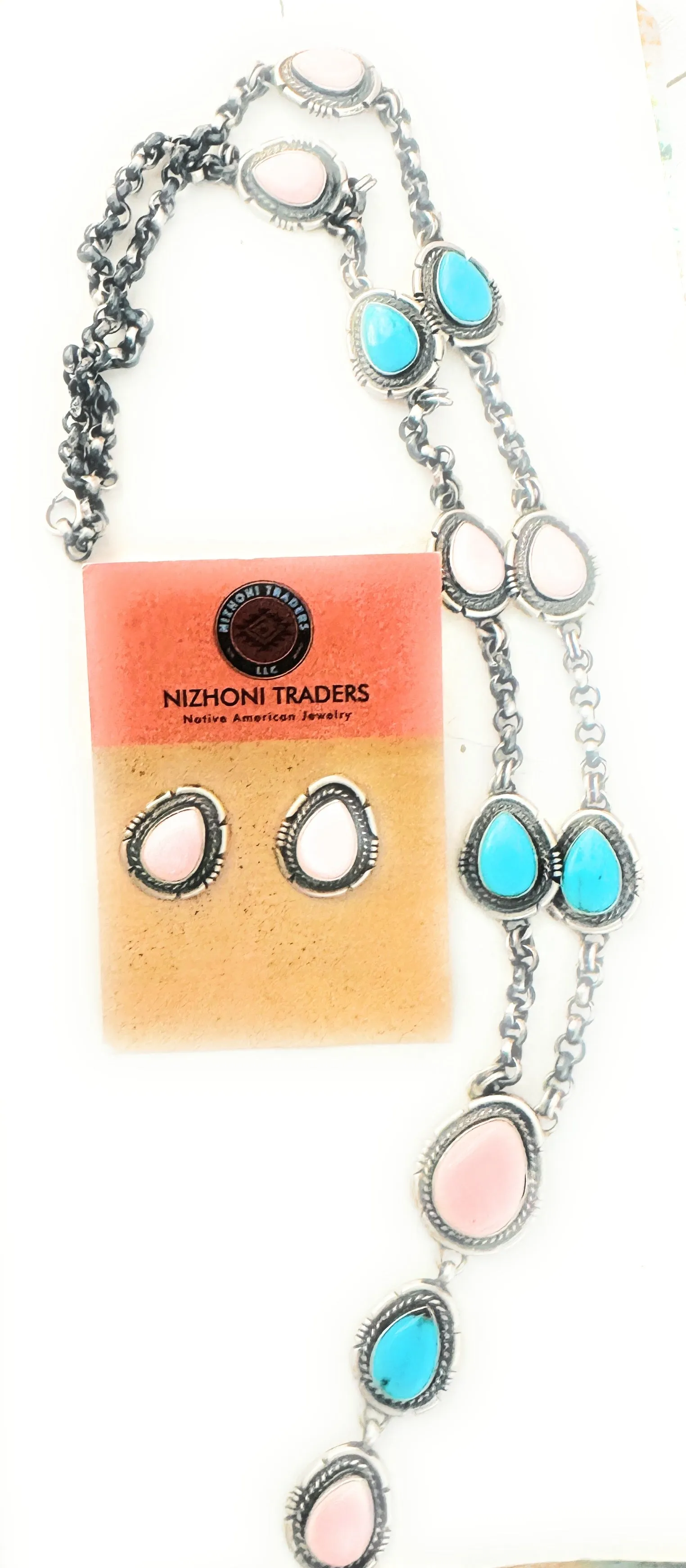 Navajo Turquoise, Pink Conch & Sterling Silver Necklace Set