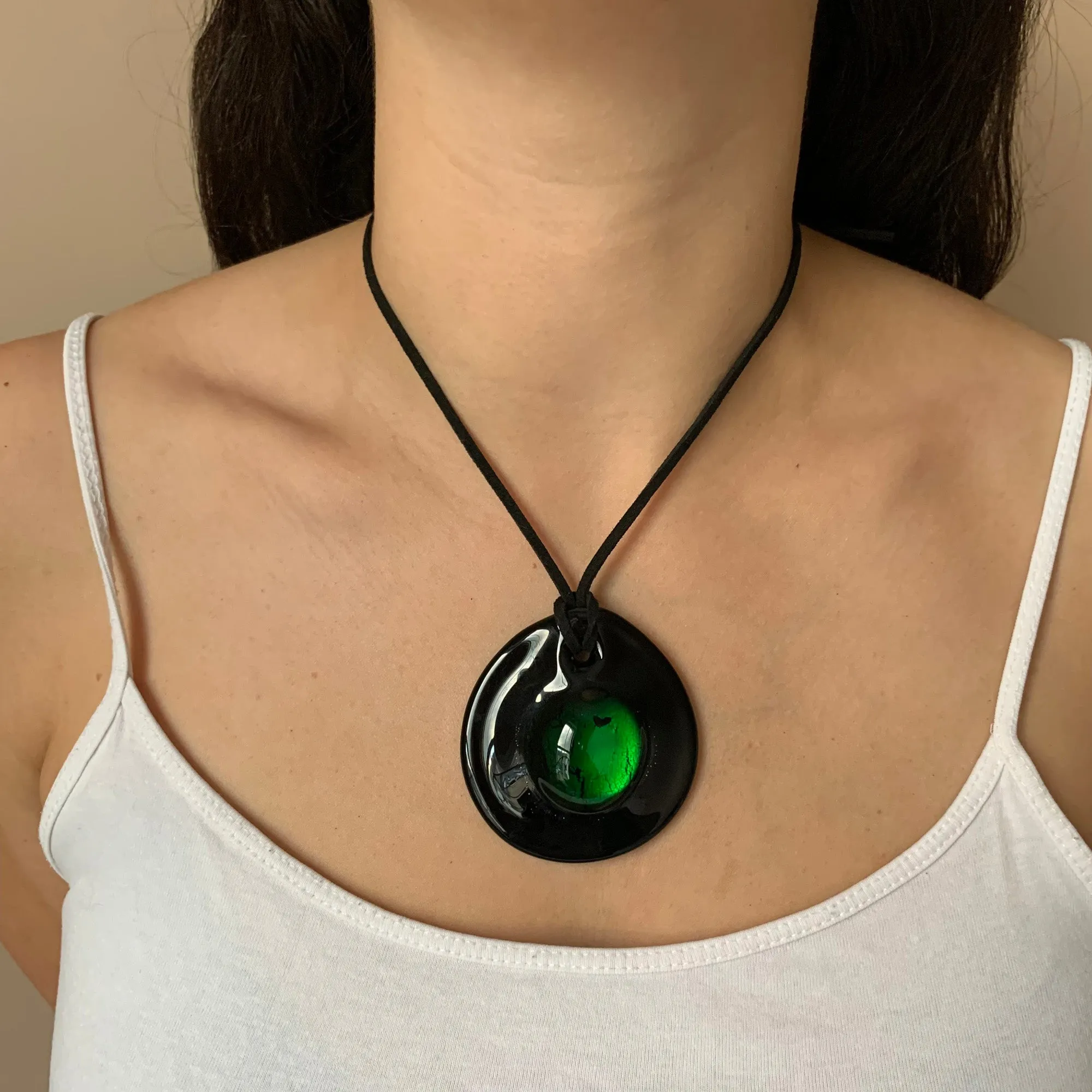 Necklace with dark green and silver on black Murano glass near circular large dome pendant