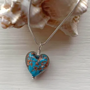 Necklace with turquoise pastel and aventurine Murano glass small heart pendant on silver chain