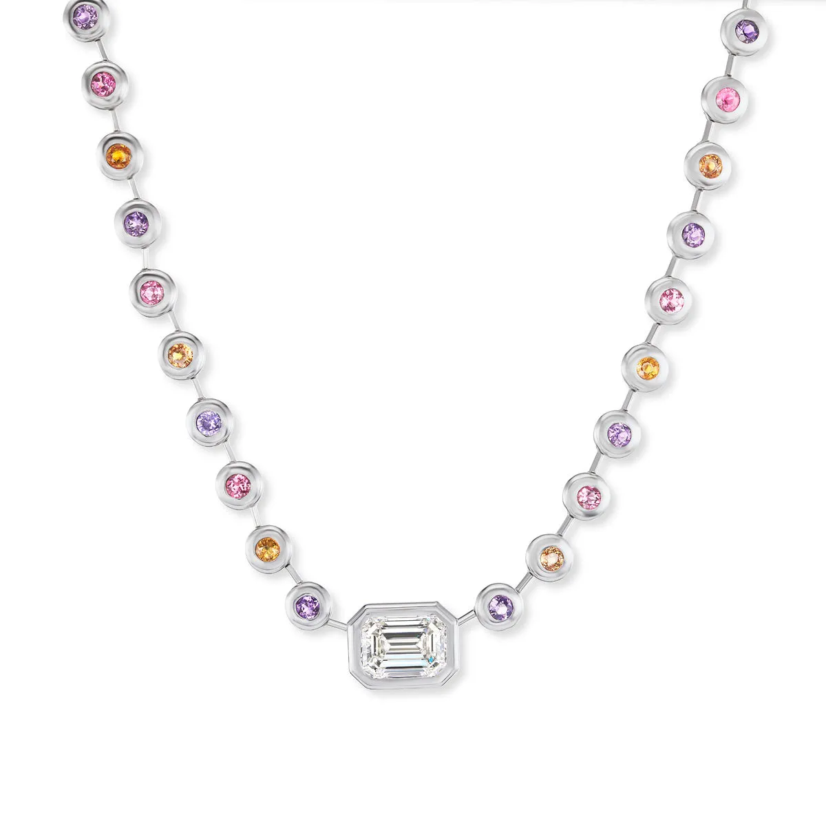 One-of-a-Kind White Gold Pillow Necklace with Emerald-Cut Diamond and Multi-Colored Stones