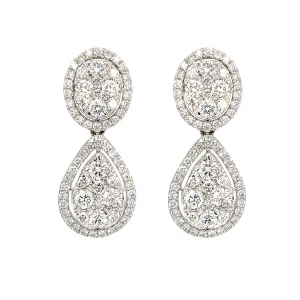 Oval and Pear Shaped Diamond Cluster Halo Dangle Earrings in White Gold, 2.0 cttw