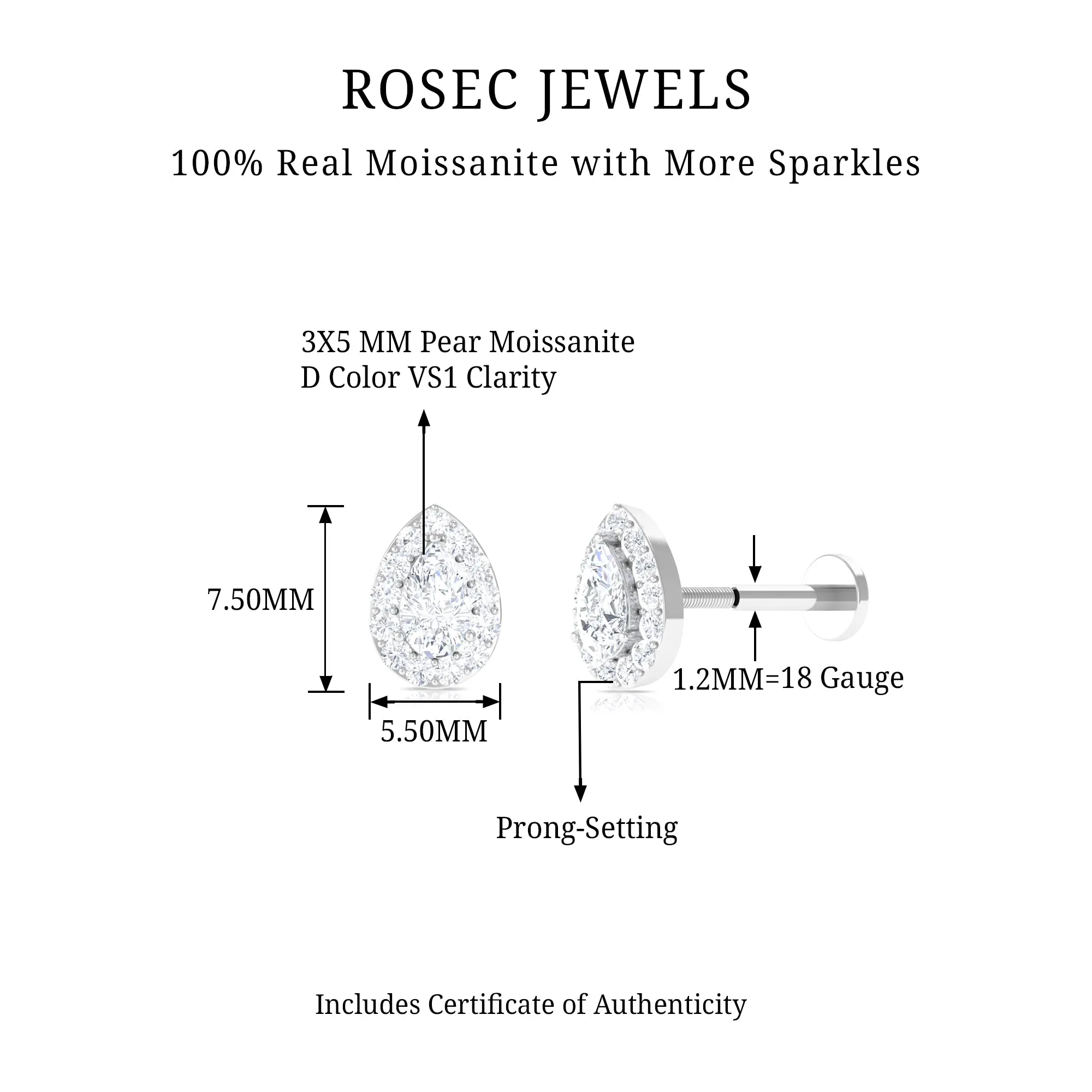 Pear Shaped Moissanite Halo Earring for Cartilage Piercing