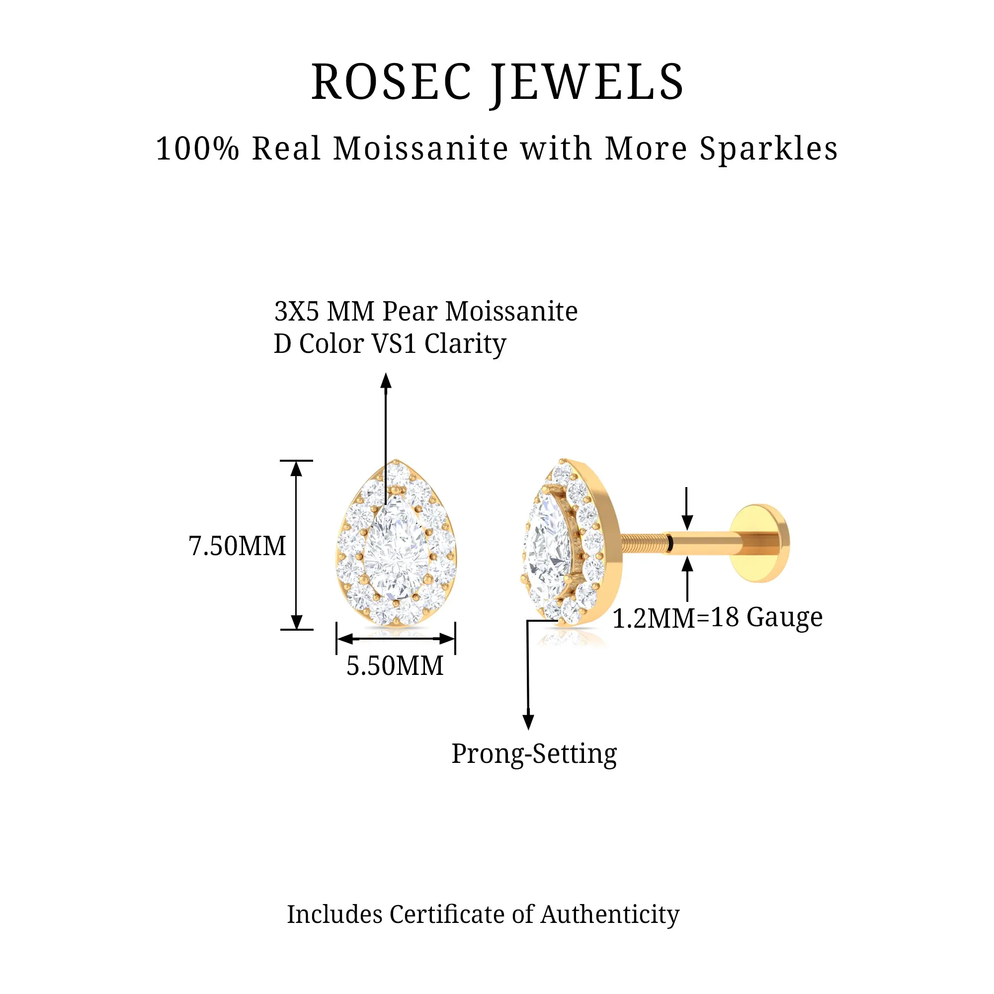 Pear Shaped Moissanite Halo Earring for Cartilage Piercing