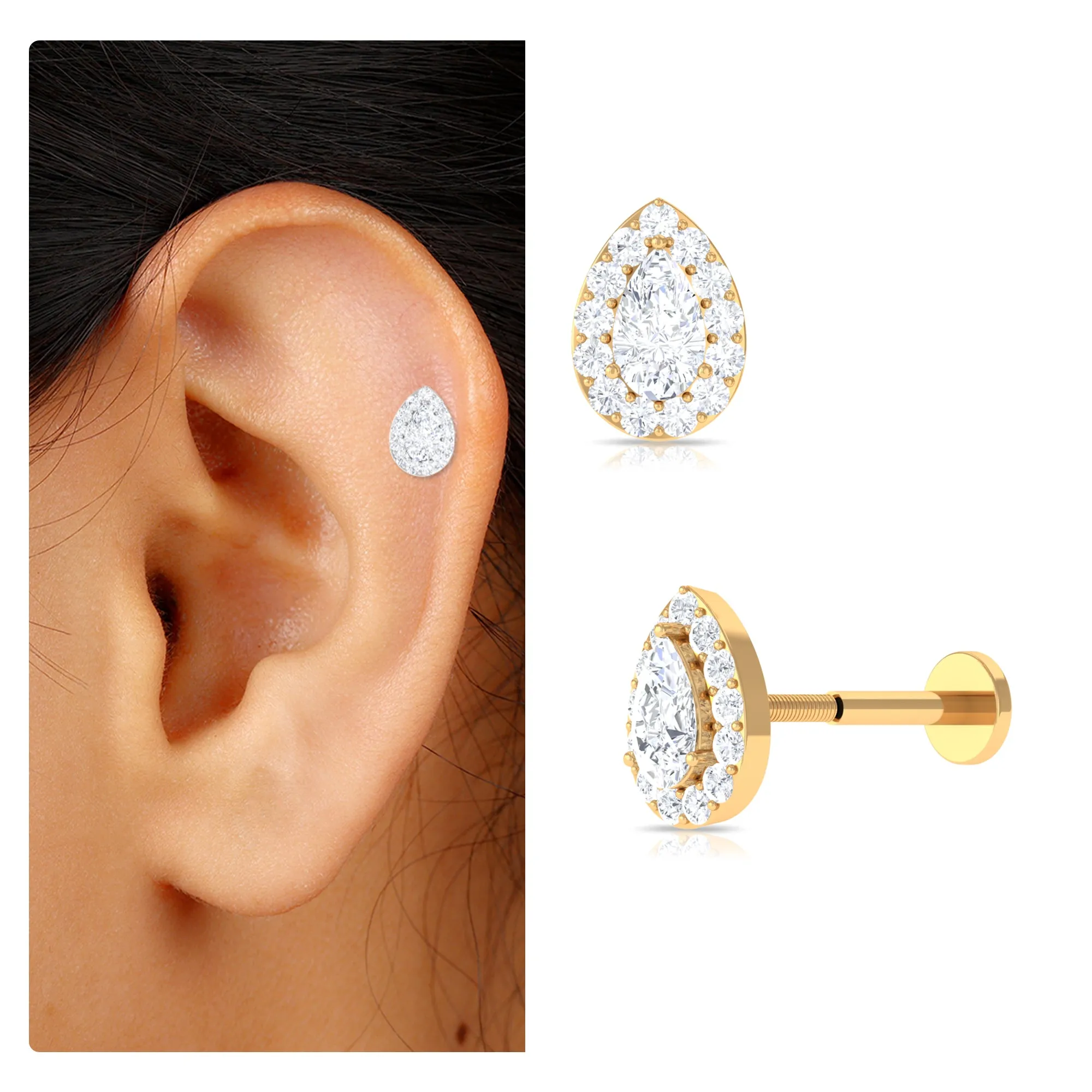 Pear Shaped Moissanite Halo Earring for Cartilage Piercing