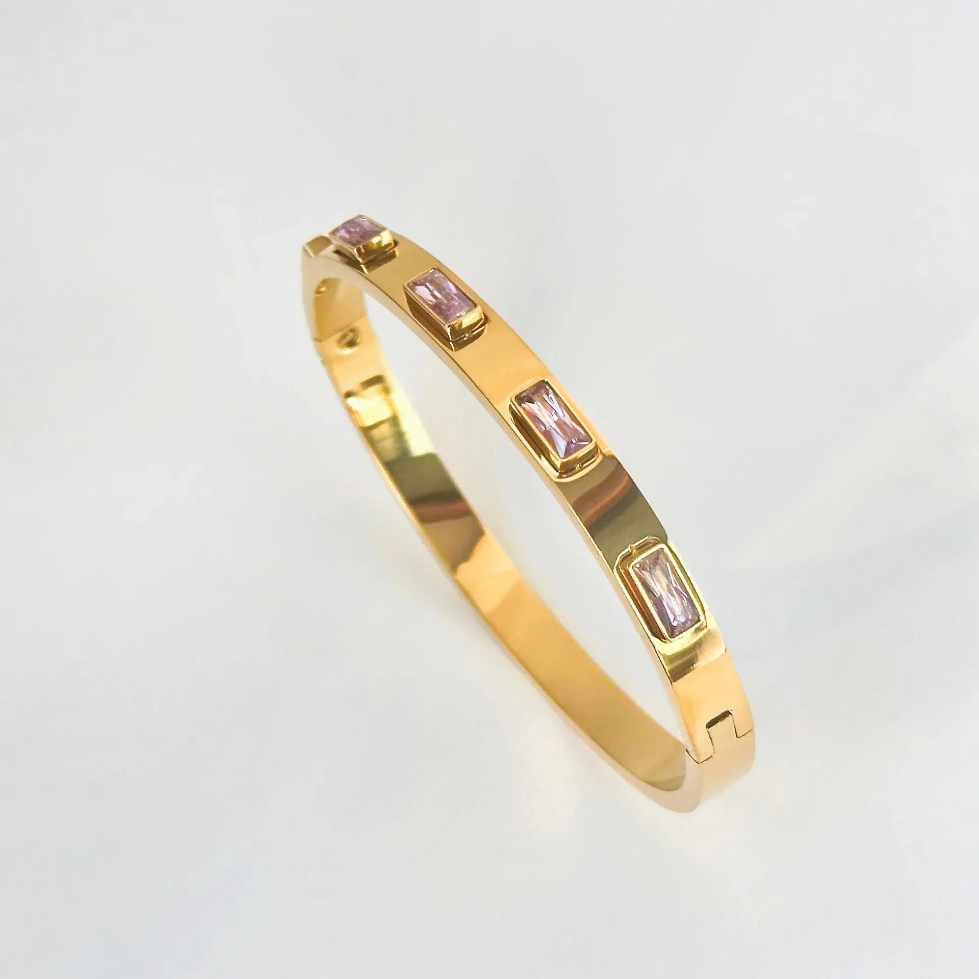 Pink Emerald Cut Diamond Inlaid Bangle