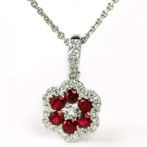 Ruby & Diamond Halo Flower Pendant Necklace 18K White Gold