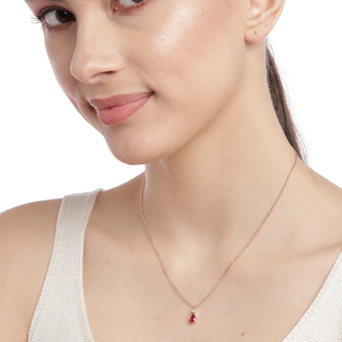 Ruby Tear Drop Rose Gold Plated 925 Sterling Silver Necklace