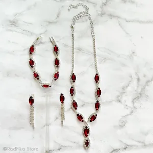 Scalloped Ruby Marquise- Rhinestone Deity Necklace Bangle And Earring Set