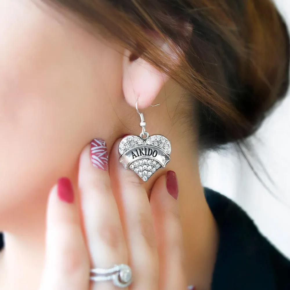 Silver Aikido Pave Heart Charm Dangle Earrings