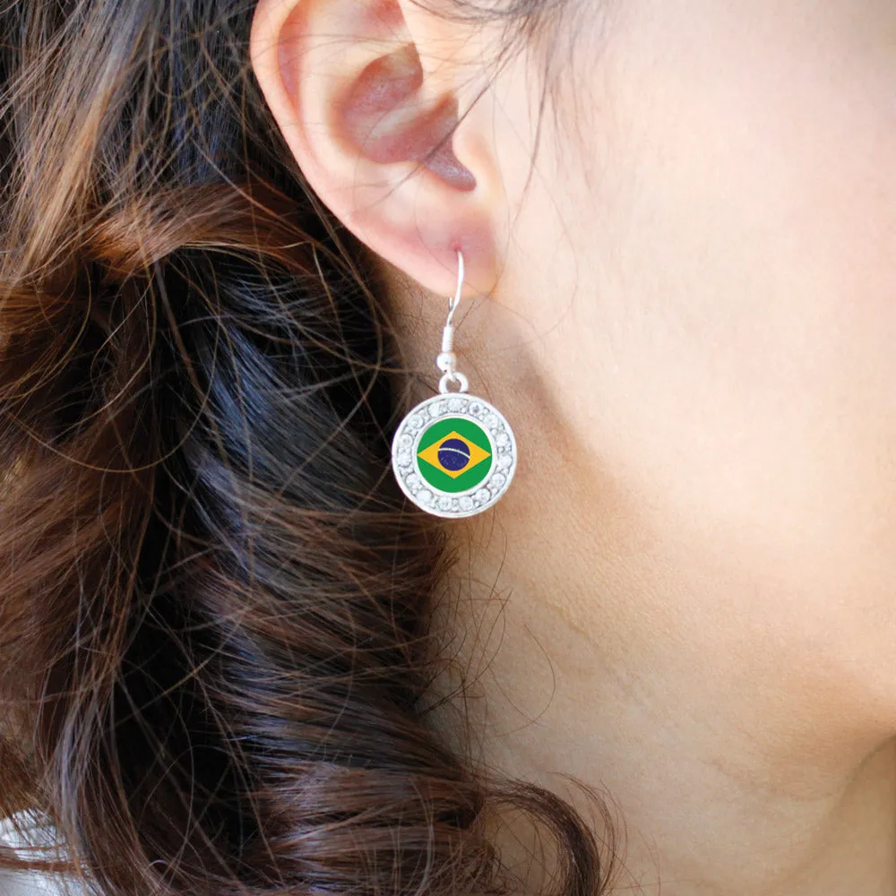 Silver Brazilian Flag Circle Charm Dangle Earrings