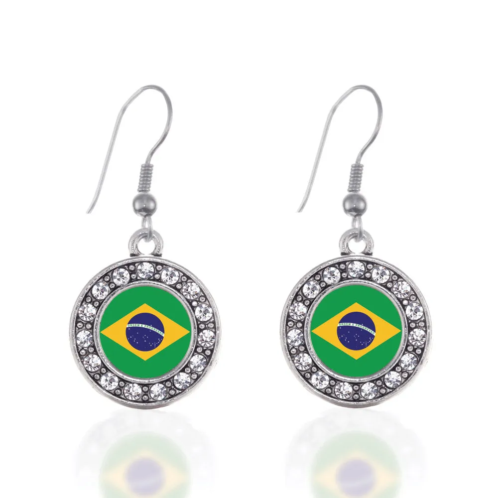 Silver Brazilian Flag Circle Charm Dangle Earrings