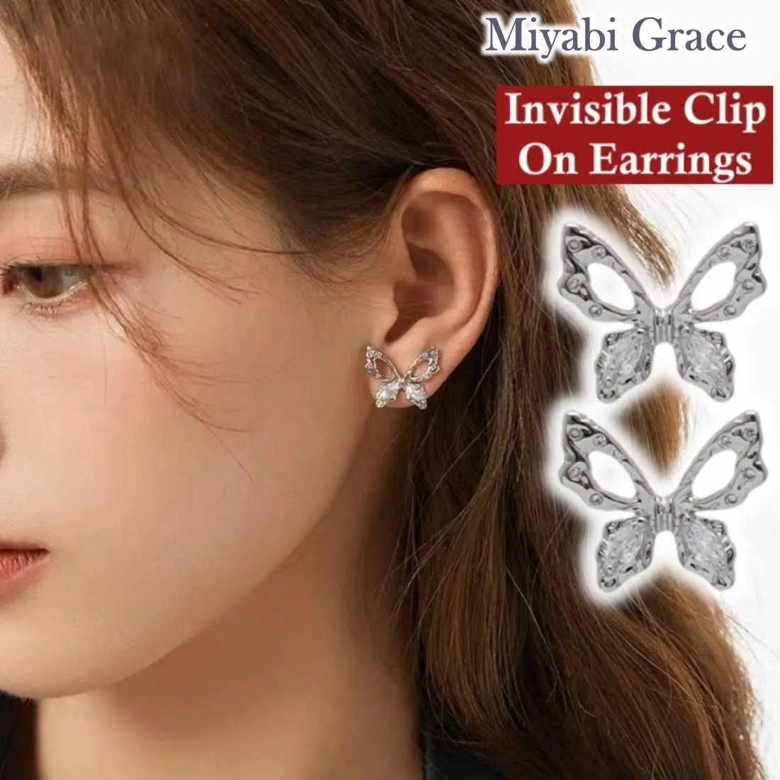 Silver Butterfly Invisible Clip On Earrings