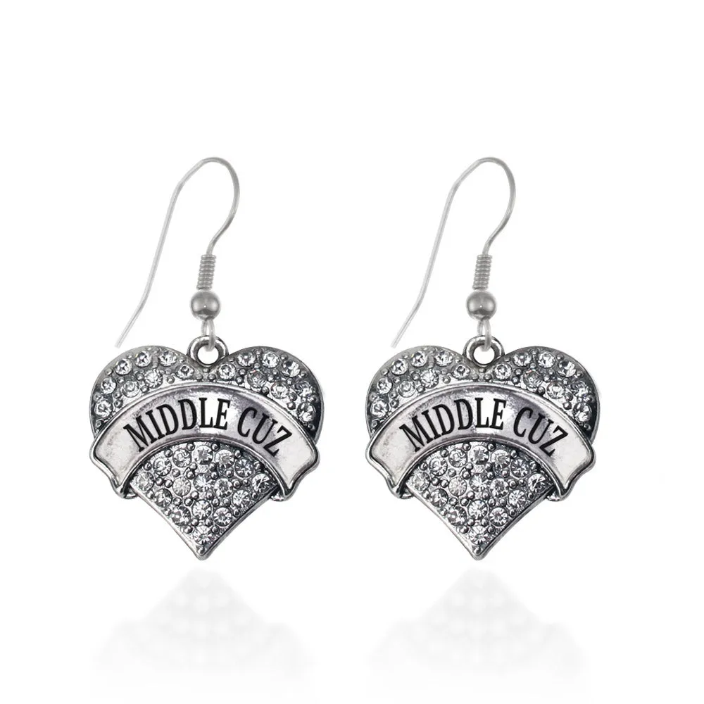 Silver Middle Cuz Pave Heart Charm Dangle Earrings