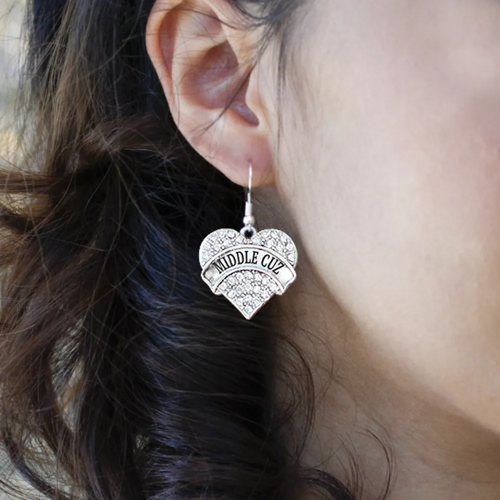 Silver Middle Cuz Pave Heart Charm Dangle Earrings