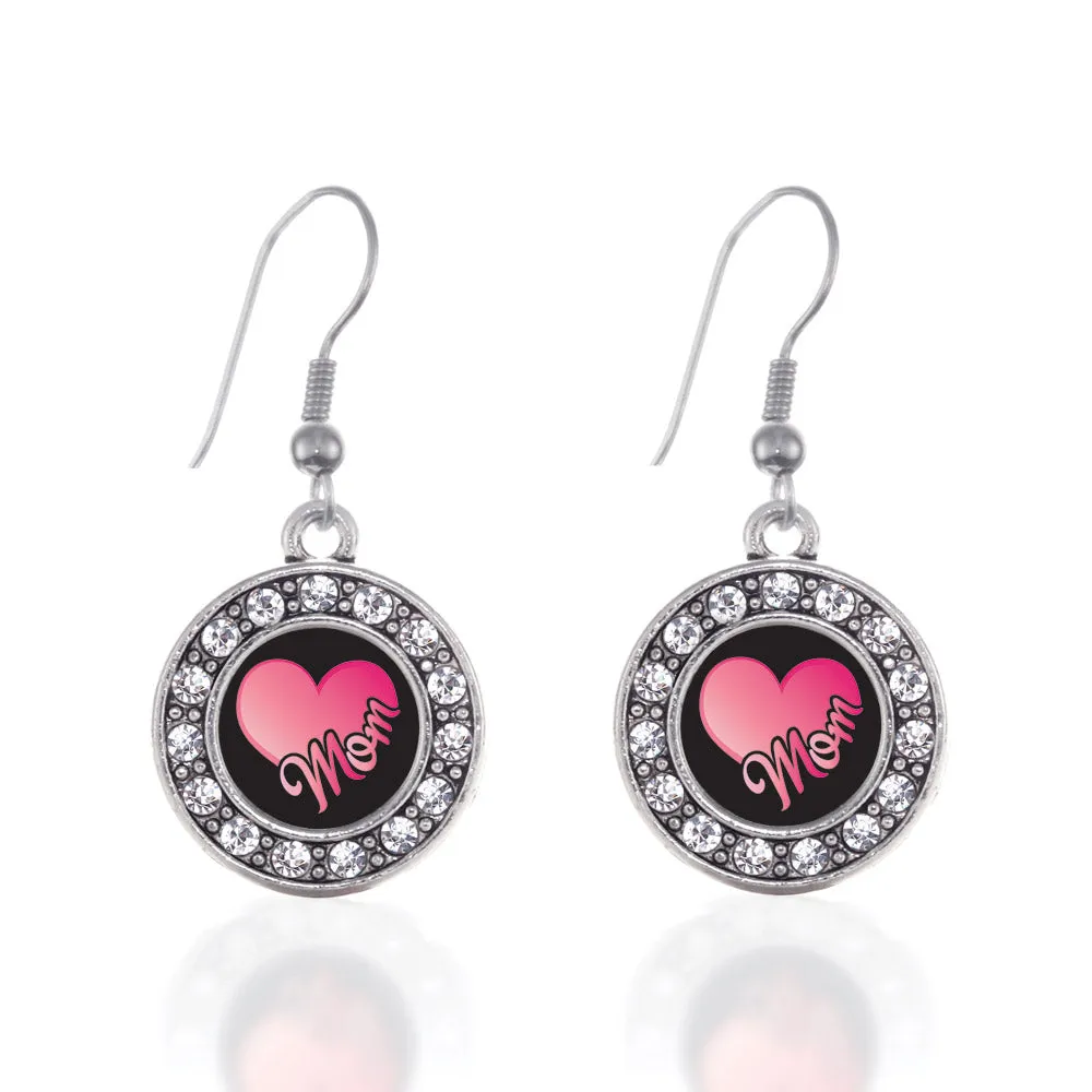 Silver Mom Circle Charm Dangle Earrings