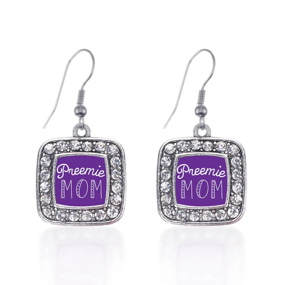 Silver Preemie Mom Square Charm Dangle Earrings