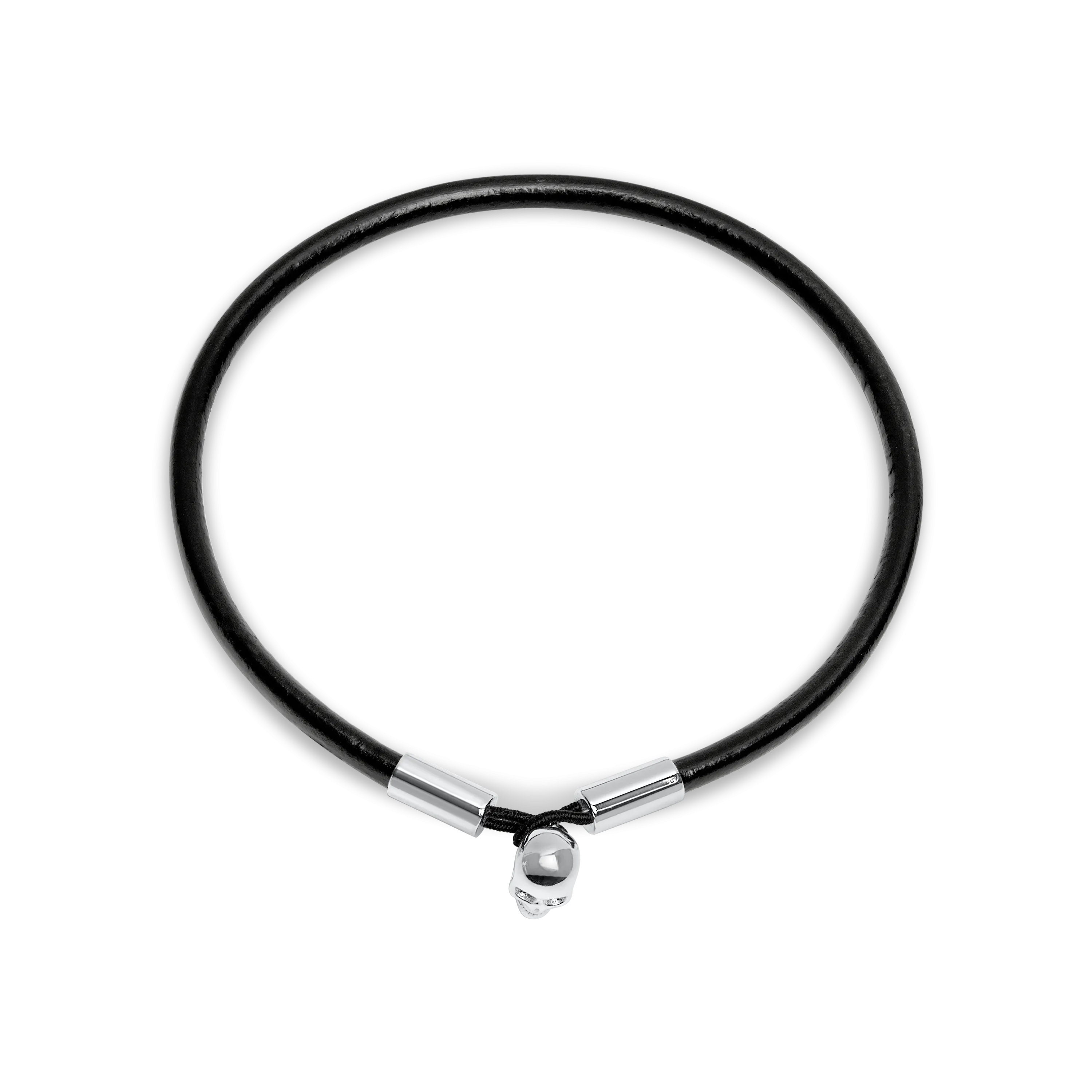 Silver Skull Black Leather Bracelet