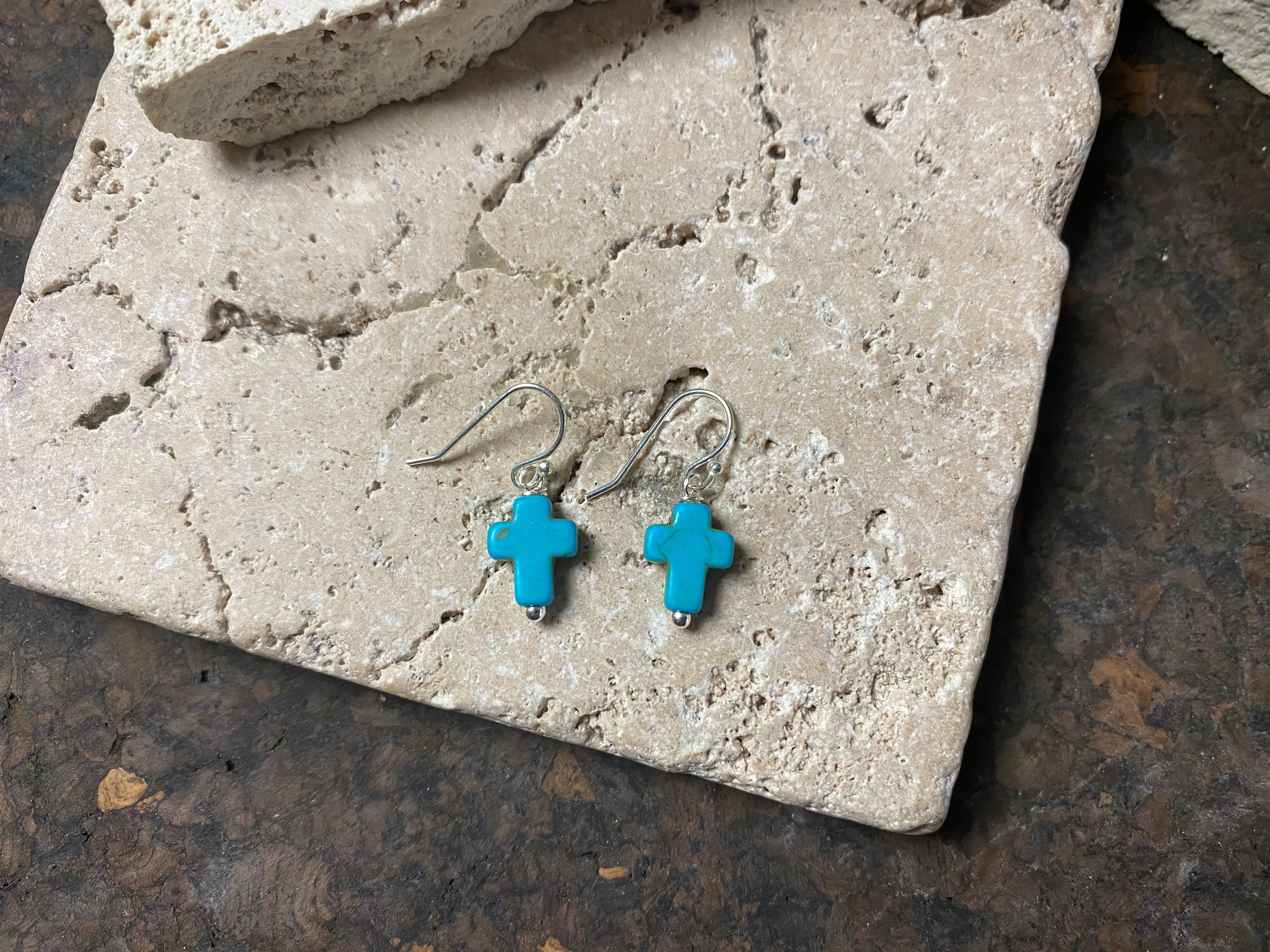 Small Turquoise Blue Silver Cross Earrings