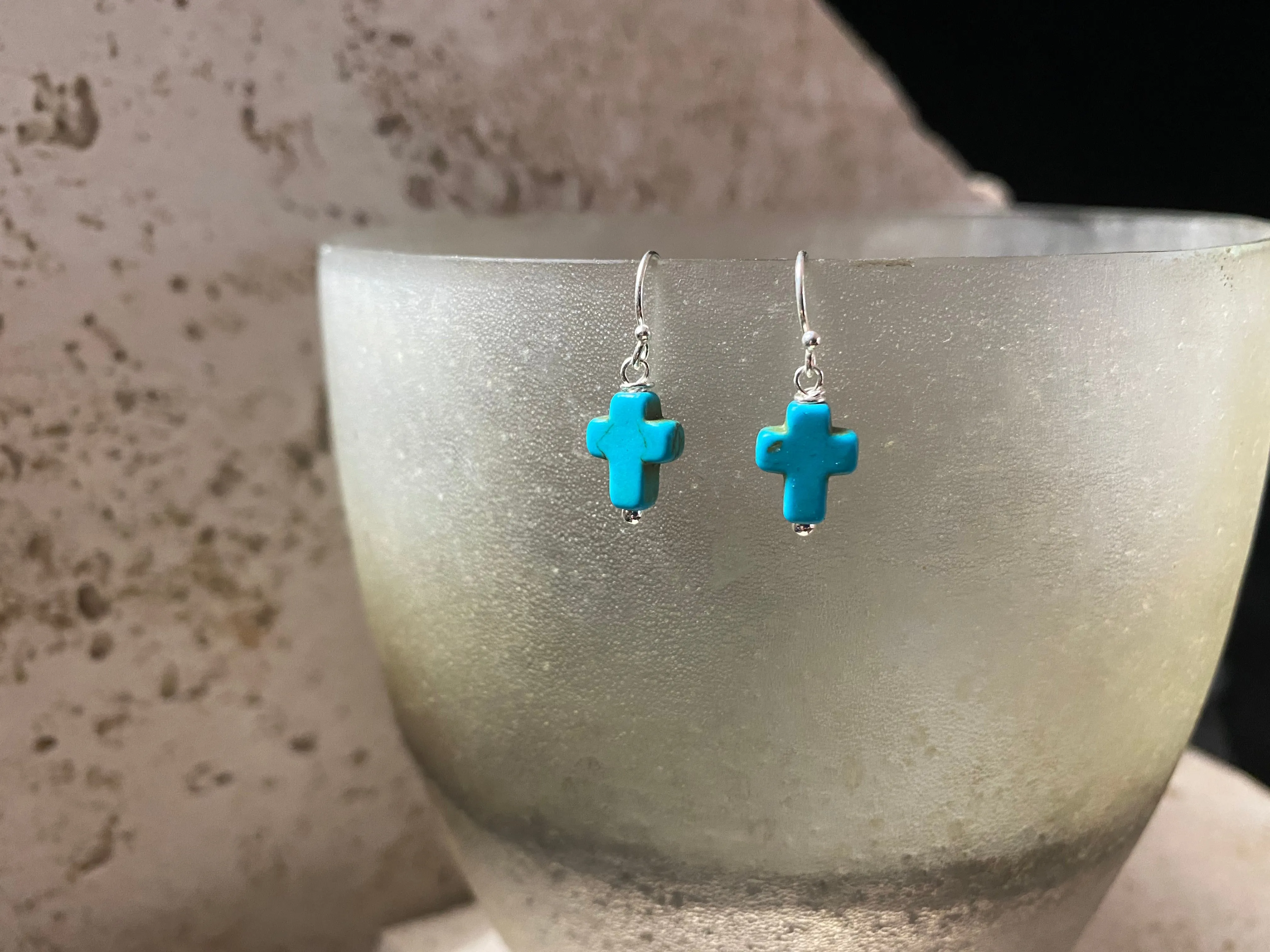 Small Turquoise Blue Silver Cross Earrings