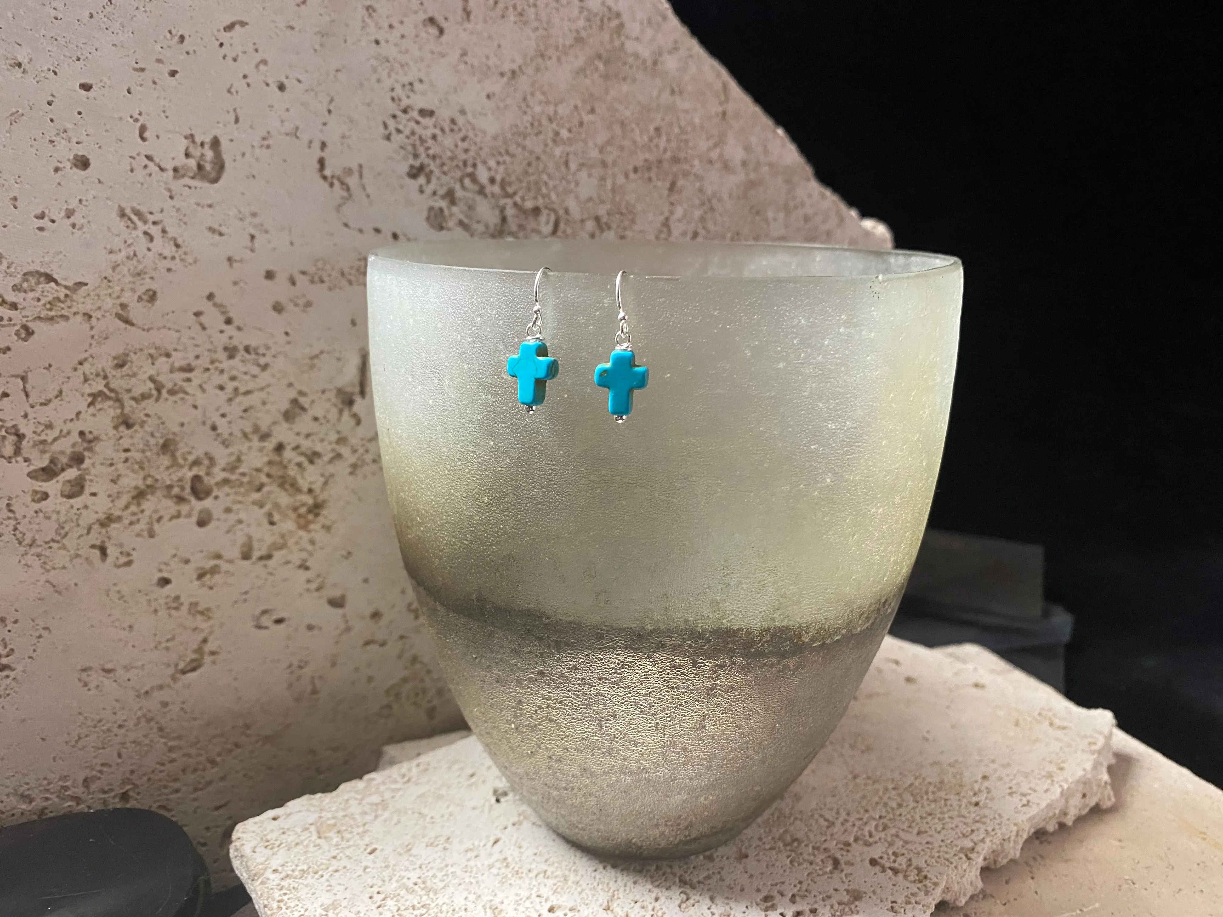 Small Turquoise Blue Silver Cross Earrings