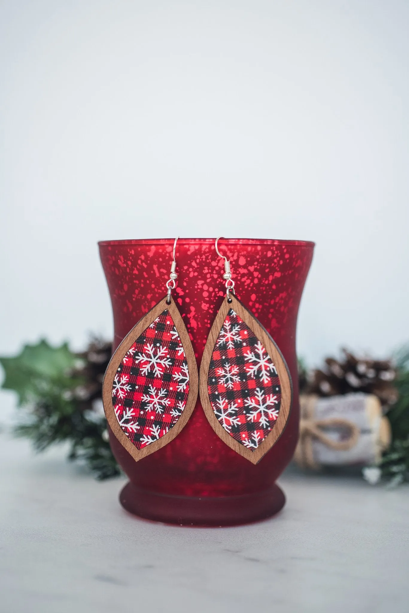 Snowy Red Buffalo Check Inset Dangle Earrings