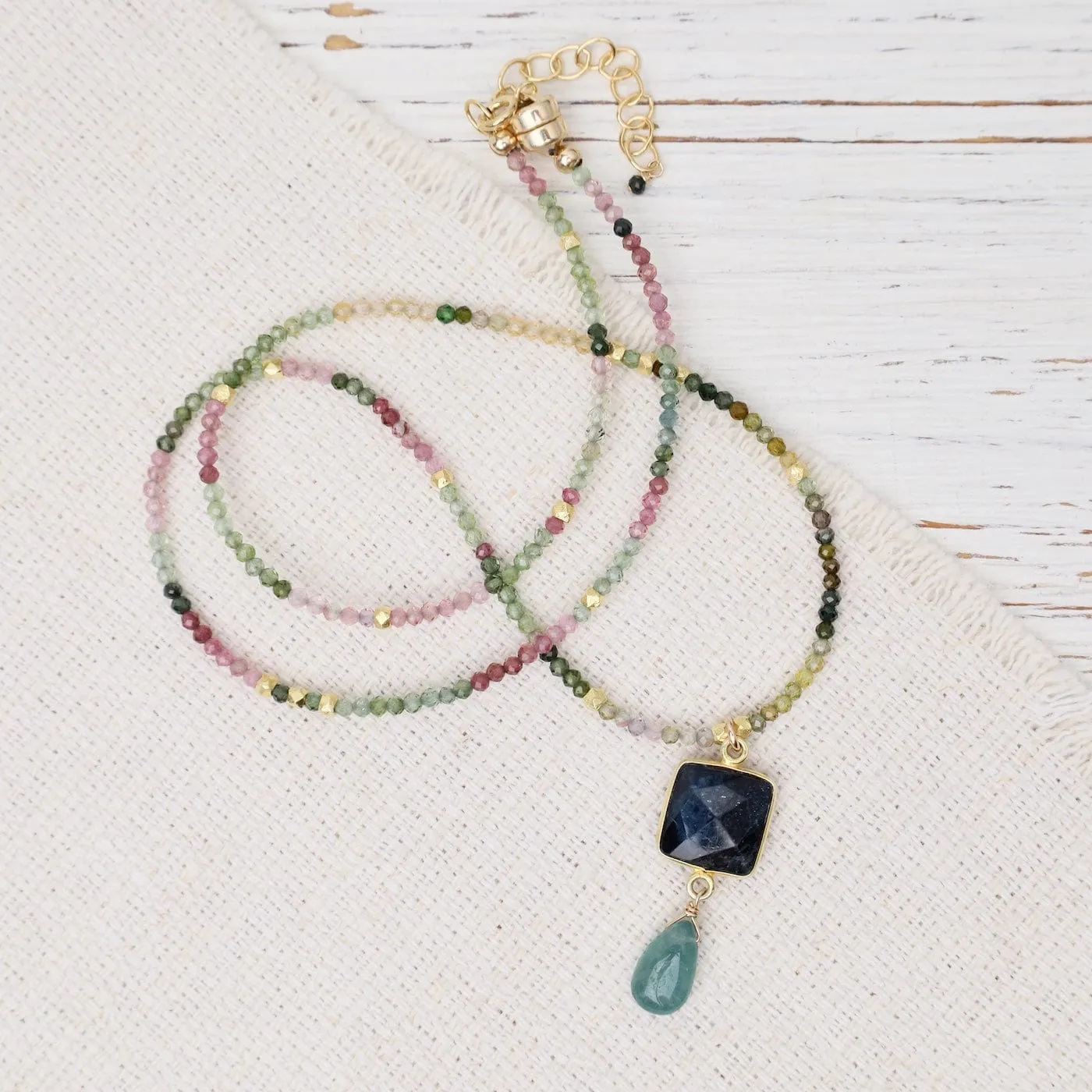 Square Indigo Kyanite, Grandidierite, Tourmaline Necklace