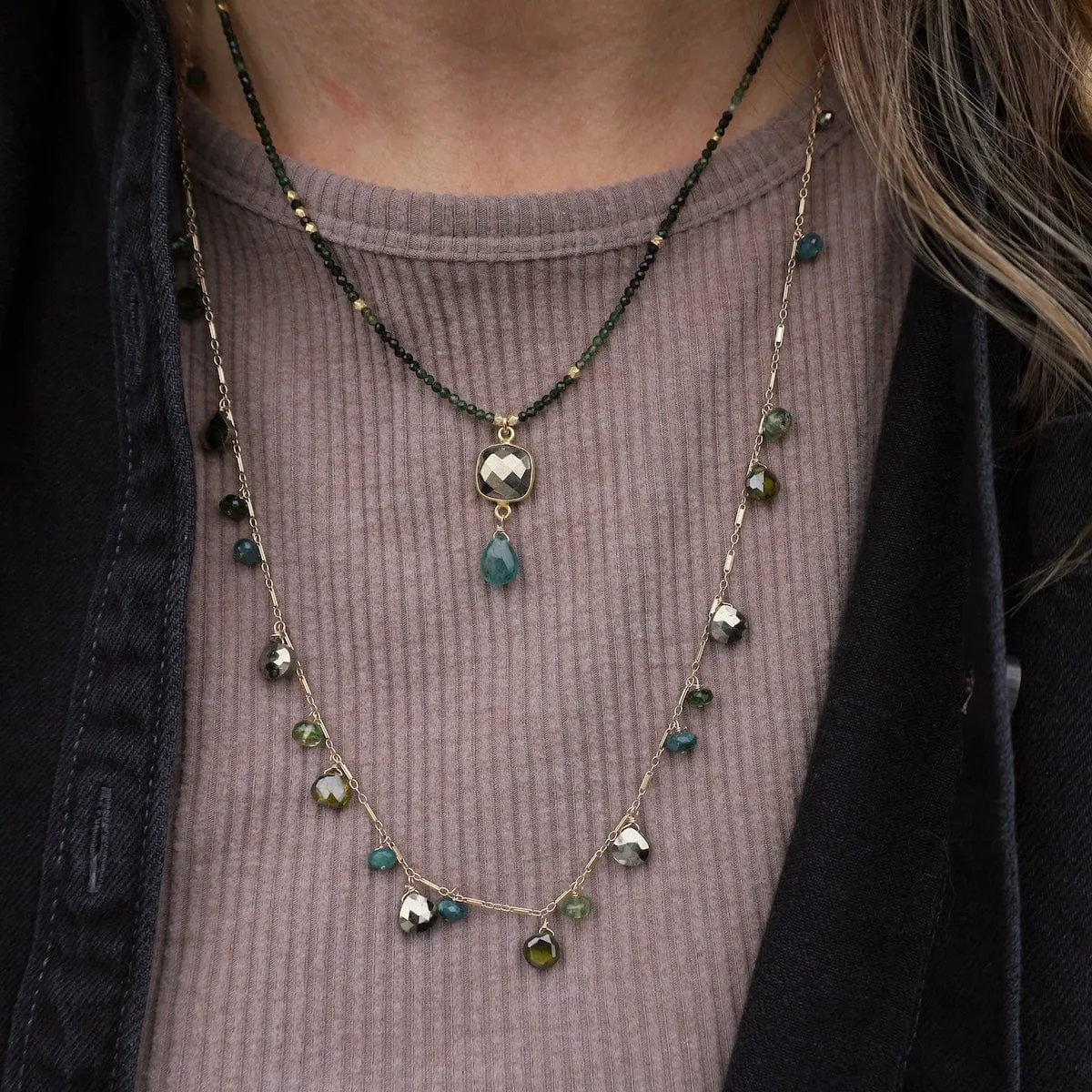 Square Pyrite, Grandidierite, Green Tourmaline Pendant Necklace