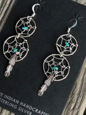 Sterling silver 2 dream catchers and turquoise nuggets earrings