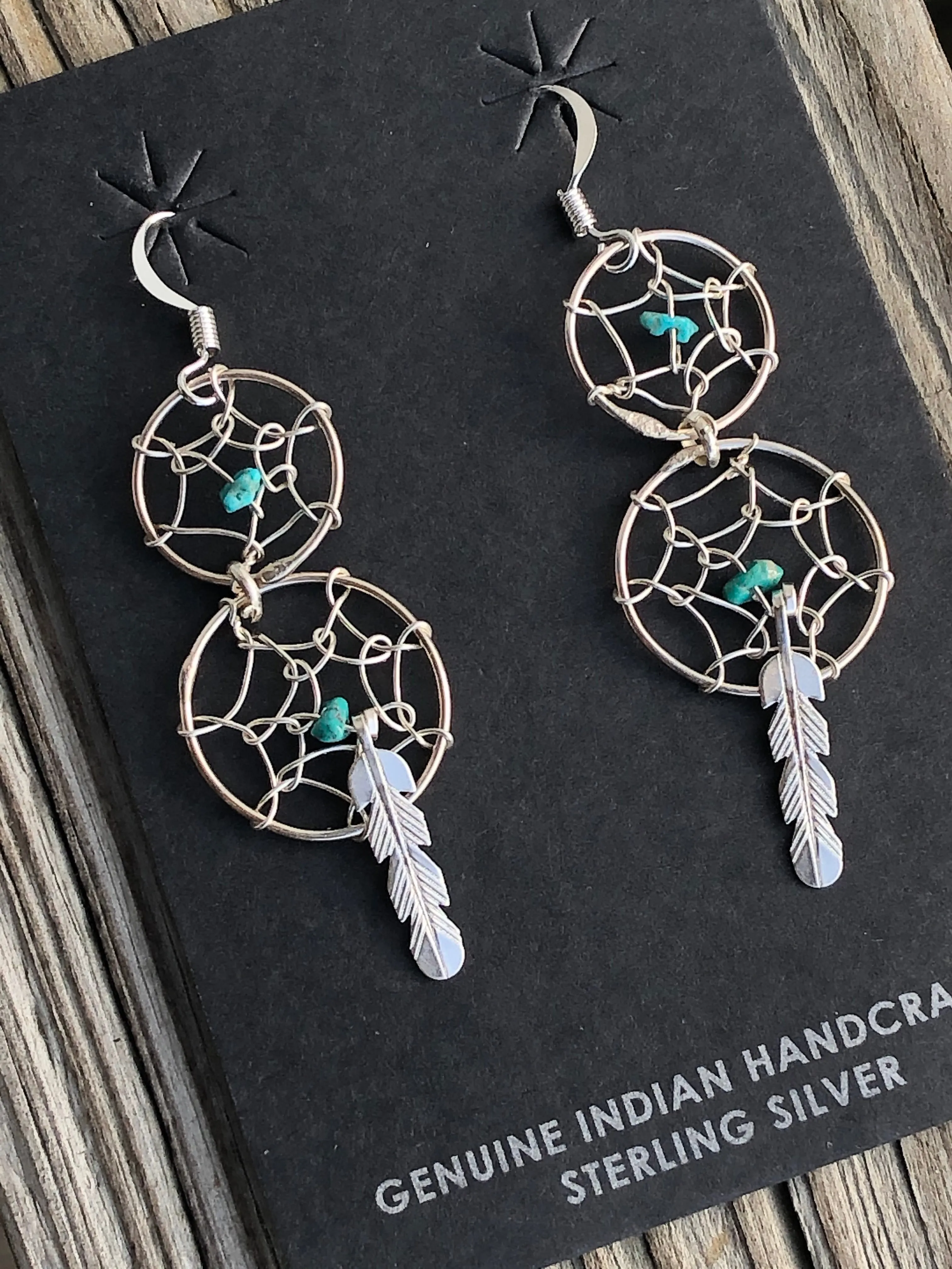 Sterling silver 2 dream catchers and turquoise nuggets earrings