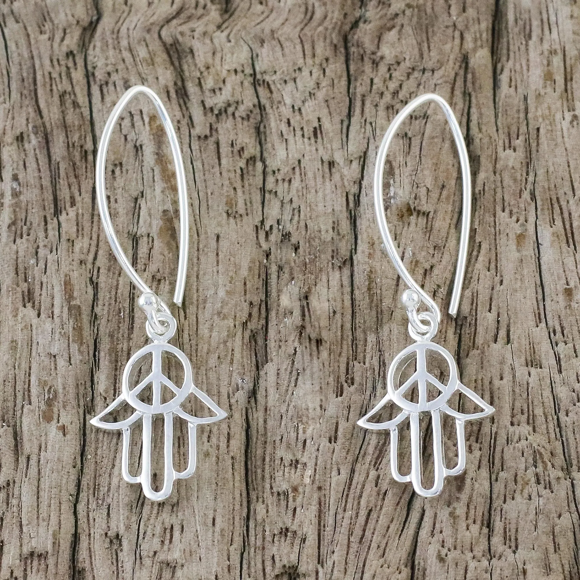 Sterling Silver Hamsa Peace Sign Earrings from Thailand - Peaceful Hamsa | NOVICA