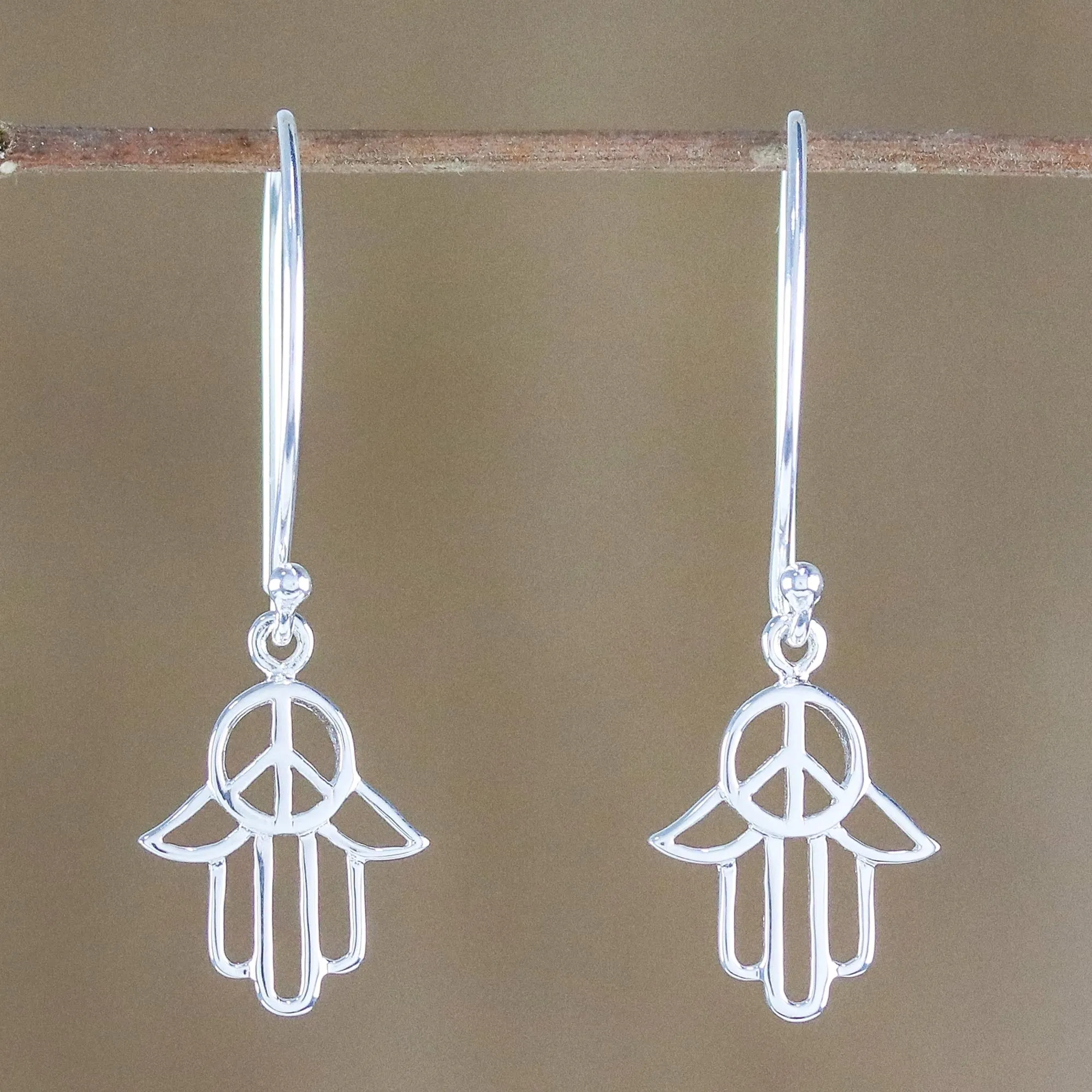 Sterling Silver Hamsa Peace Sign Earrings from Thailand - Peaceful Hamsa | NOVICA