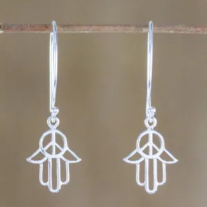 Sterling Silver Hamsa Peace Sign Earrings from Thailand - Peaceful Hamsa | NOVICA