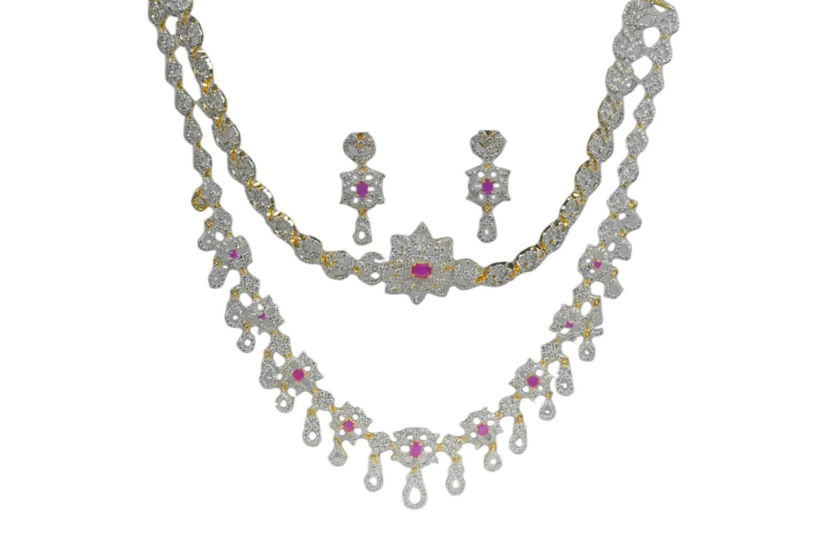 Stunning Two Layered Emralds American Diamonds Bridal Style Necklace Set