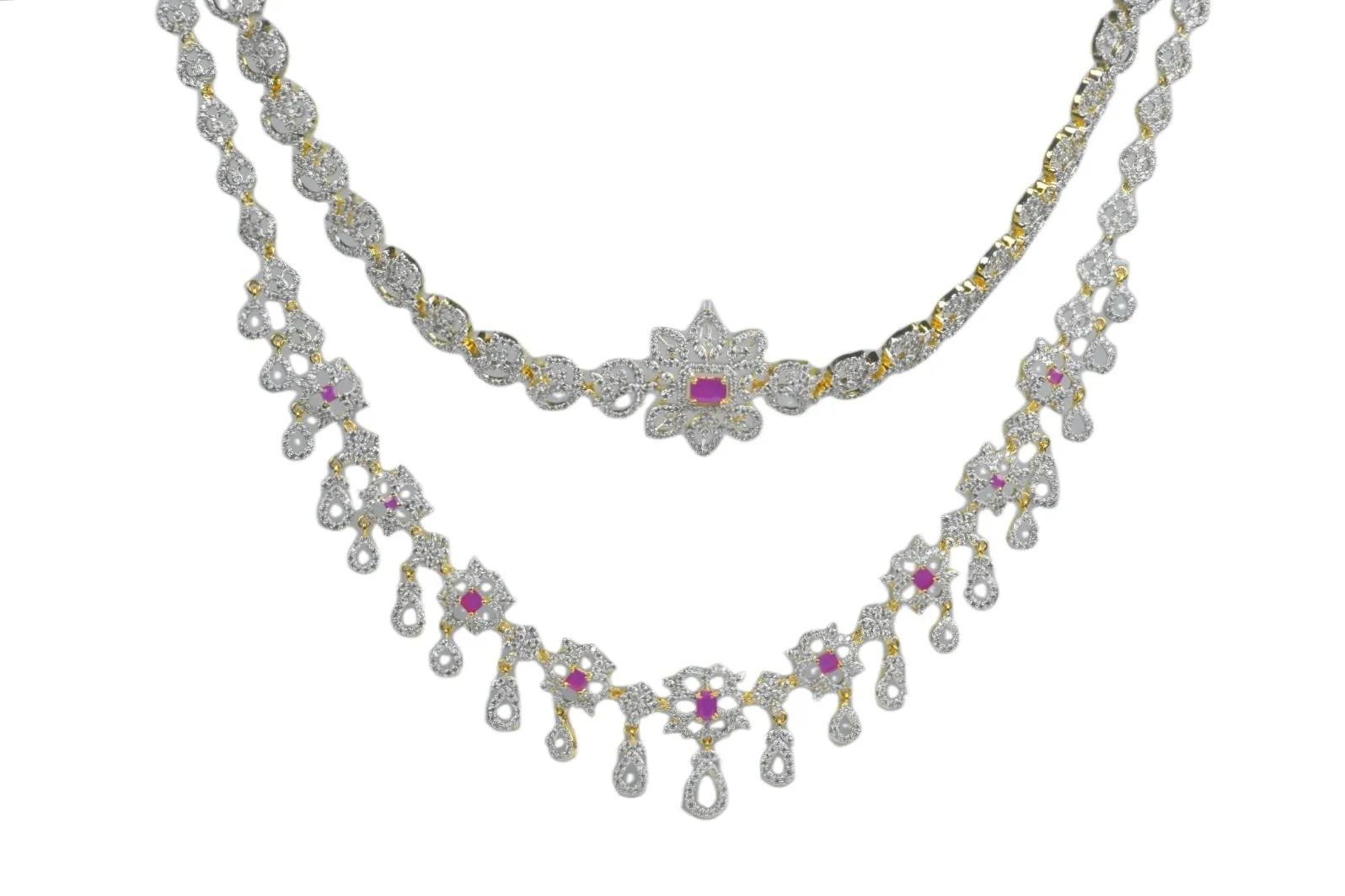 Stunning Two Layered Emralds American Diamonds Bridal Style Necklace Set